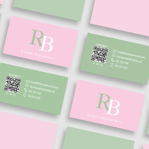 Cartão De Visita Código QR de Monograma Simples Rosa Conecte-se C