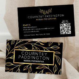 Cartão De Visita Código QR de Na moda Moderno Floral Dourado e Pret