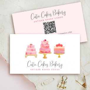 Cartão De Visita Código QR de Padaria 3 Bolos Rosa Cor-de-Rosa Past