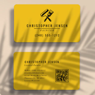 Cartão De Visita Código QR de Pintor Amarelo Preto Arredondado Pint