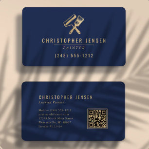 Cartão De Visita Código QR de Pintor Azul Marinho Dourado Arredonda