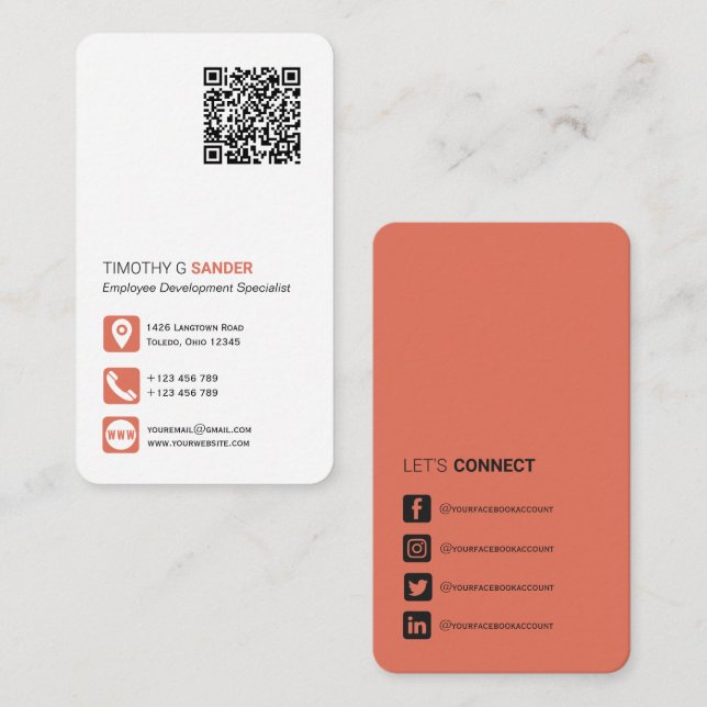 Cartão De Visita Código QR de rede simples terracota de mídia socia (Frente/Verso)