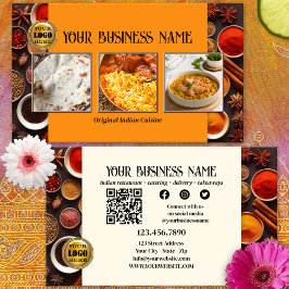 Cartão De Visita Código QR de Restaurante Indiano Foto Mídia Social