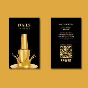 Cartão De Visita Código QR de salão de unhas moderno preto e dourad
