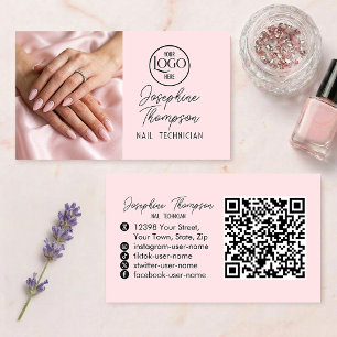 Cartão De Visita Código QR de Salão de Unhas Rosa Blush Foto