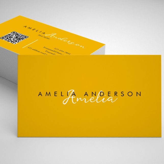 Cartão De Visita Código QR de Script Amarelo de Mostarda Simples El (Criador carregado)