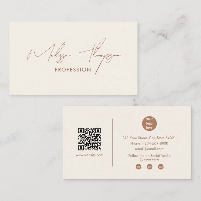 Cartão De Visita Código QR de Script de Assinatura Boho Brown Profi (Frente/Verso)