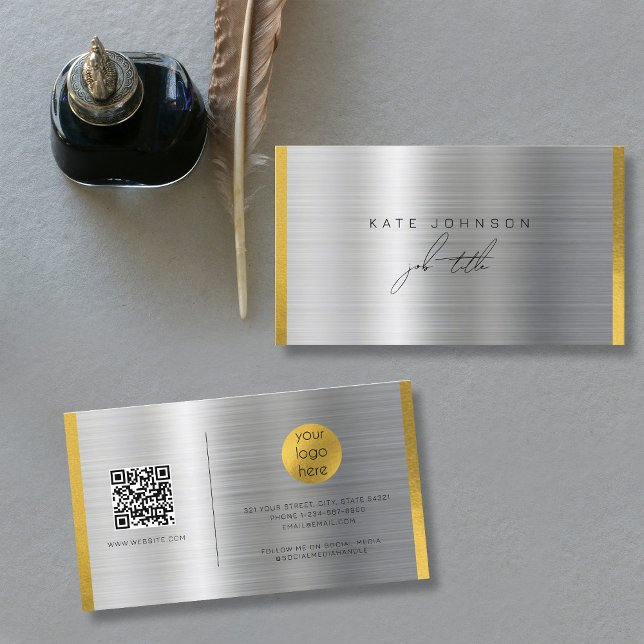Cartão De Visita Código QR de Script de Assinatura Dourada de Metal (Brushed Metal Gold Signature Script QR Code Business Card)
