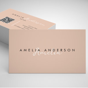 Cartão De Visita Código QR de Script de Beige de Boho Simples Elega