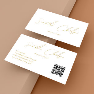 Cartão De Visita Código QR de Script Dourado Manuscrito de Beige Mo