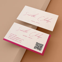 Cartão De Visita Código QR de Script Manuscrito Branco e Rosa