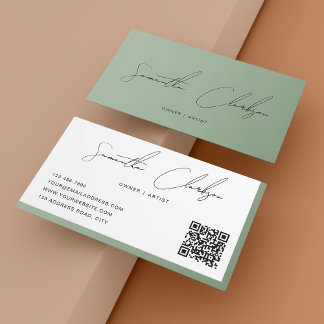 Cartão De Visita Código QR de Script Manuscrito de Script Verde de