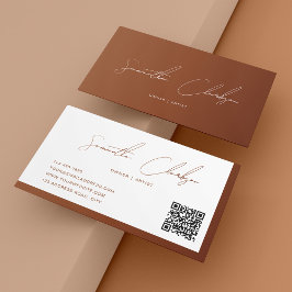 Cartão De Visita Código QR de Script Manuscrito de Terracotta Simpl