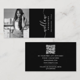 Cartão De Visita Código QR de Script Minimalista de Foto Branco Pre