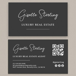 Cartão De Visita Código QR de Script Minimalista Preto de Luxo