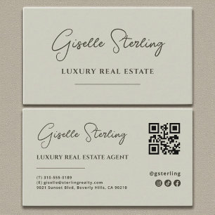 Cartão De Visita Código QR de Script Minimalista Verde Sage