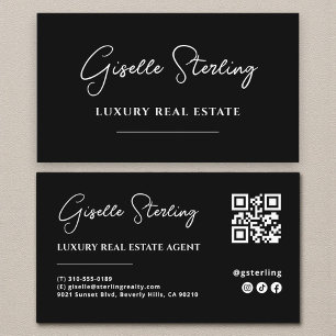 Cartão De Visita Código QR de Script Mínimo Branco Preto