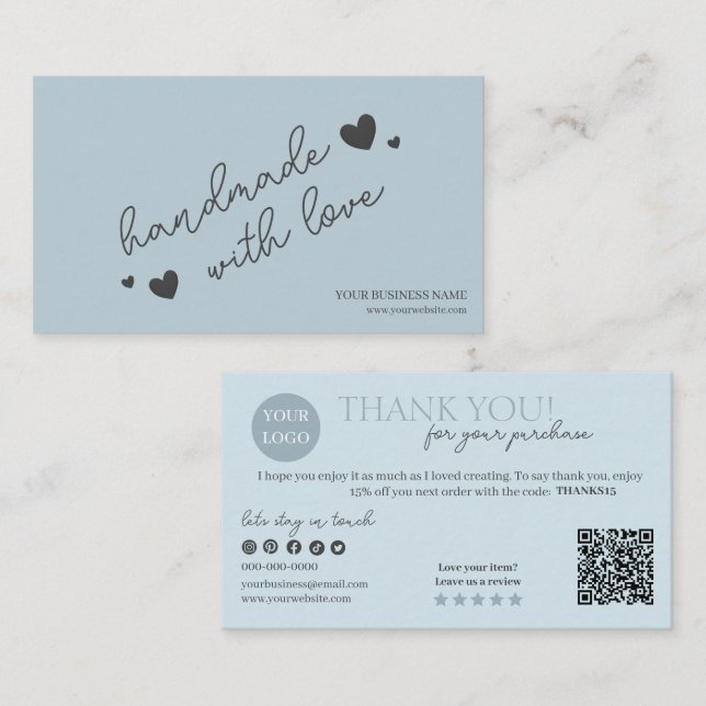 Cartão De Visita Código QR de Script Moderno Azul, Obrigado (Frente/Verso)