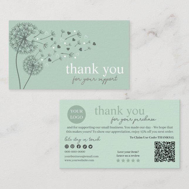 Cartão De Visita Código QR de Script Moderno Verde, Obrigado (Frente/Verso)