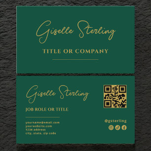 Cartão De Visita Código QR de Script Profissional Dourado Verde Eme