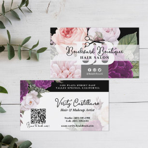 Cartão De Visita Código QR de Stylist do Salão Floral Preto e Branc