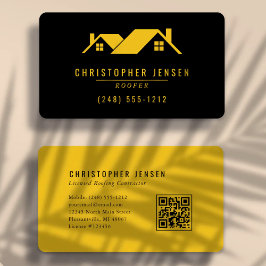 Cartão De Visita Código QR de Telhados Simples Negrito Preto Amarel
