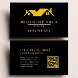 Cartão De Visita Código QR de Telhados Simples Preto Amarelo