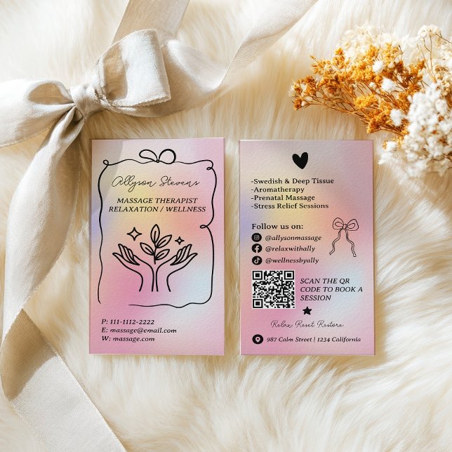 Cartão De Visita Código QR de Terapeuta de Massagem Arco-íris Holog (Holographic rainbow Massage Therapist QR Code Business Card)