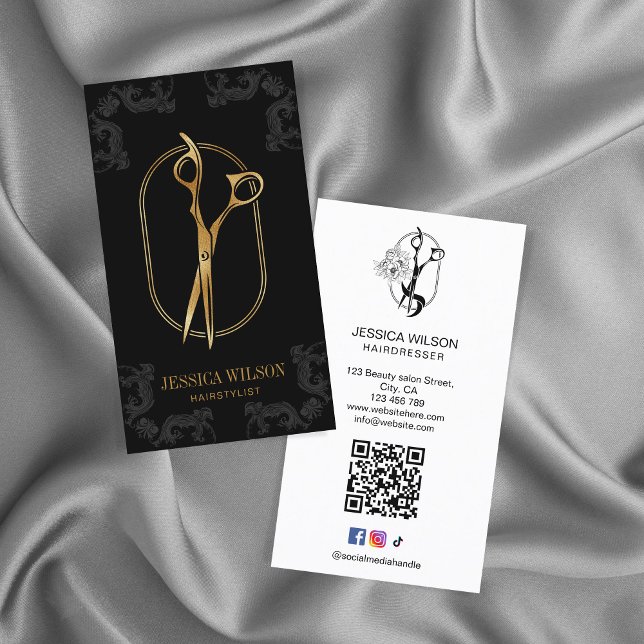 Cartão De Visita Código QR de Tesoura Dourada Elegante Moderna (Criador carregado)