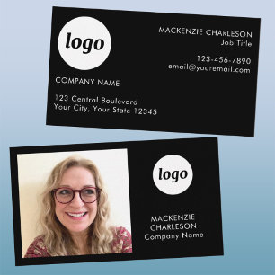 Cartão De Visita Código QR de Texto de Logo de Foto Simples Preto