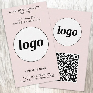 Cartão De Visita Código QR de Texto de Logo Simples Vertical Rosa B