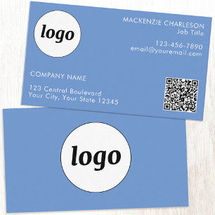 Cartão De Visita Código QR de texto e logotipo simples azul