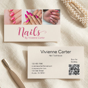Cartão De Visita Código QR de unha de foto moderno creme rosa scrip