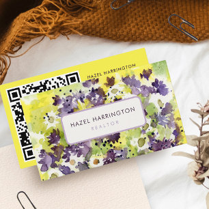 Cartão De Visita Código QR Digitalizável Abstrato Floral Watercolor