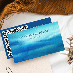 Cartão De Visita Código QR Digitalizável Blue Watercolor Trendal