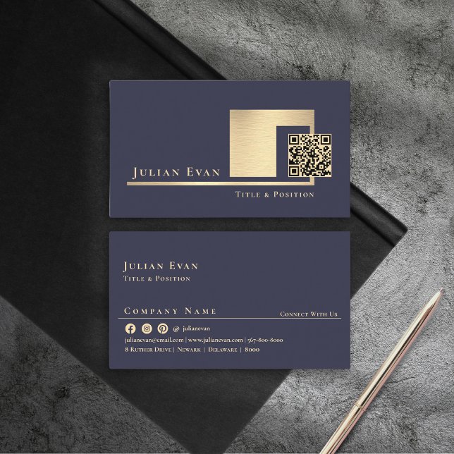 Cartão De Visita Código QR digitalizável Elegante azul e Dourado br (Elegant Navy Blue and Gold Shiny Scannable QR code Business Card )