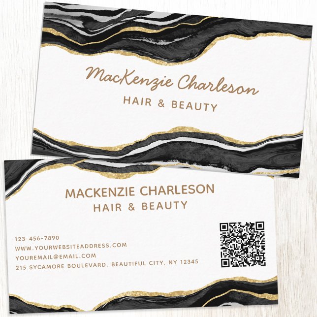 Cartão De Visita Código QR do Agate Dourado da Marmota Preta (Black and white agate marble faux gold custom business card with QR code)