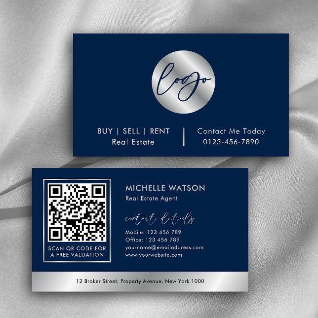 Cartão De Visita Código QR do agente de vendas do agente de marinho (Elegant navy blue and silver QR code & logo business cards for corporate professionals & realtors)