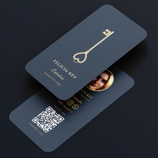 Cartão De Visita Código QR do Agente Imobiliário de Chave Dourada V (Criador carregado)