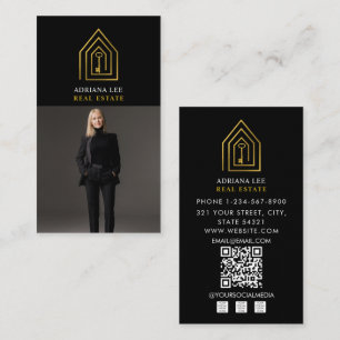 Cartão De Visita Código QR do Agente Imobiliário de Foto Real Gold