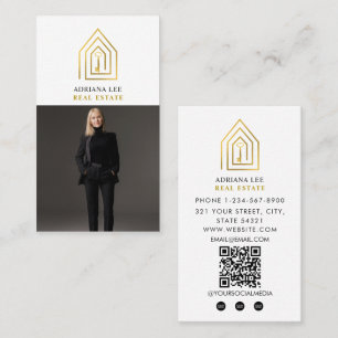 Cartão De Visita Código QR do Agente Imobiliário Foto Real Gold Key