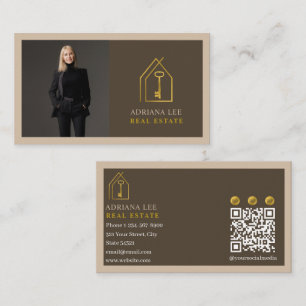 Cartão De Visita Código QR do Agente Imobiliário Foto Real Gold Key