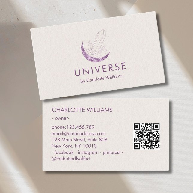 Cartão De Visita Código QR do aquecedor de energia da Lua Crystal (Moon Crystal Energy Healer QR-Code Business Card - Beige Violet)