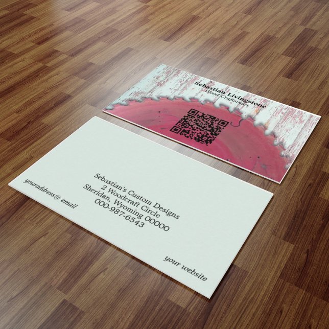 Cartão De Visita Código QR do artesão de madeira de serra circular  (Criador carregado)