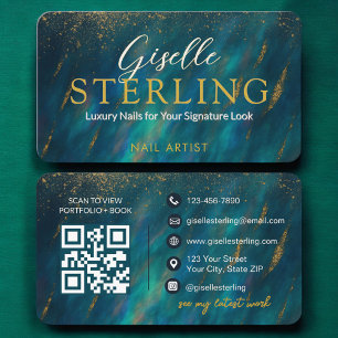 Cartão De Visita Código QR do Artista Verde do Glam Nail Moderno