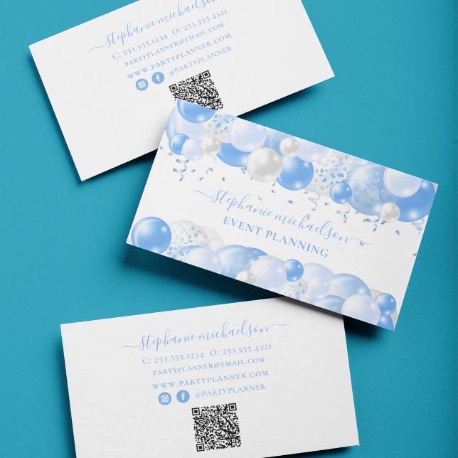 Cartão De Visita Código QR do Balão Branco Azul do Planejador do Pa (Party Planner Blue White Balloon QR Code Business Card)