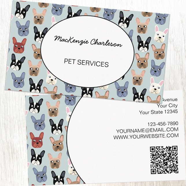 Cartão De Visita Código QR do Buldogue Francês dos Serviços Pet (French Bulldog pet services QR Code business card for dog walker, pet sitter or veterinarian)