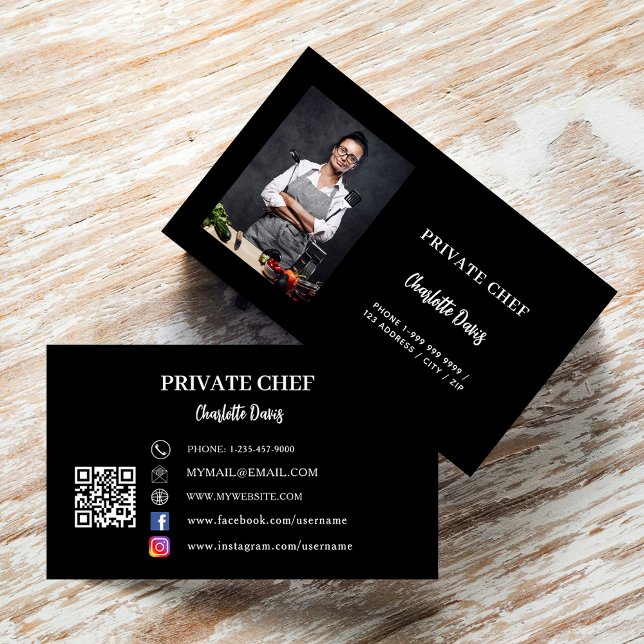Cartão De Visita Código QR do chef particular preto branco catering (Criador carregado)