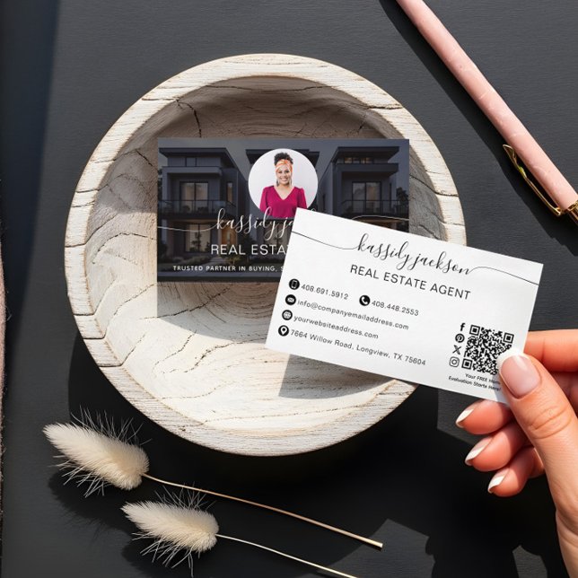 Cartão De Visita Código QR do Circle Business Photo do Script Elega (Elegant Script Name Circle Business Photo QR Code Business Card)