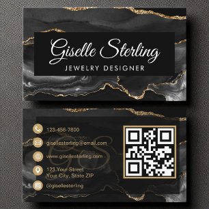 Cartão De Visita Código QR do Designer de Joias Luxo Dourado Agate